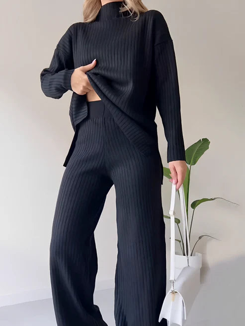 Conjunto de Punto con Jersey de Cuello Alto y Pantalón Ancho