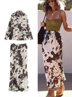 Conjunto Coordinado Estampado para Mujer (Camisa y Falda Midi)