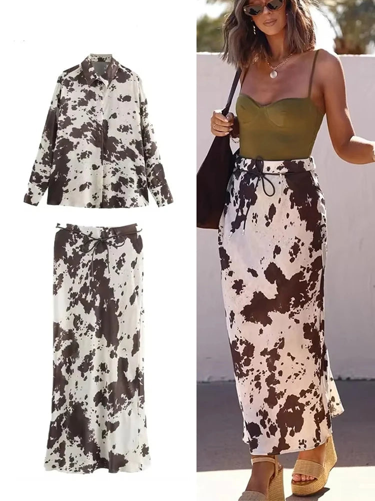 Conjunto Coordinado Estampado para Mujer (Camisa y Falda Midi)