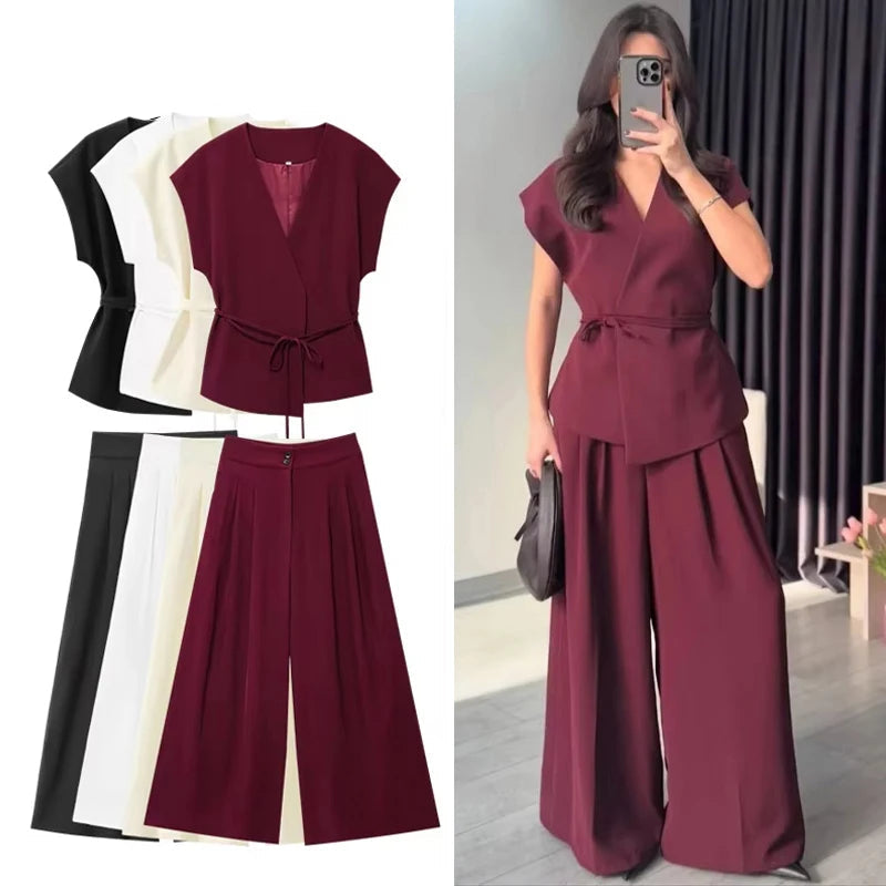 Conjunto Coordinado de Blusa Cruzada y Pantalón Fluido